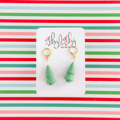 Green Tree Charm Hoop Earrings